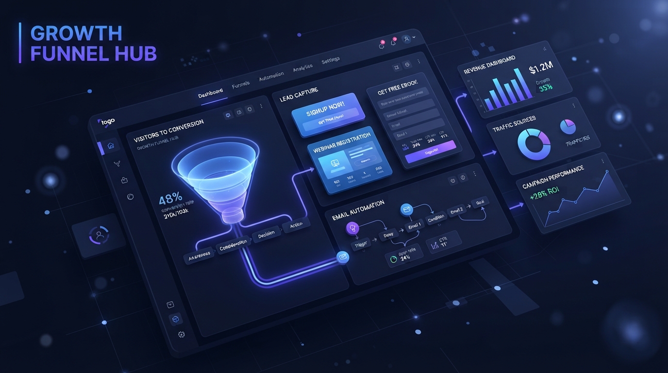 T2 Marketing Services dashboard showing conversion funnels, lead capture forms, and email automation flows