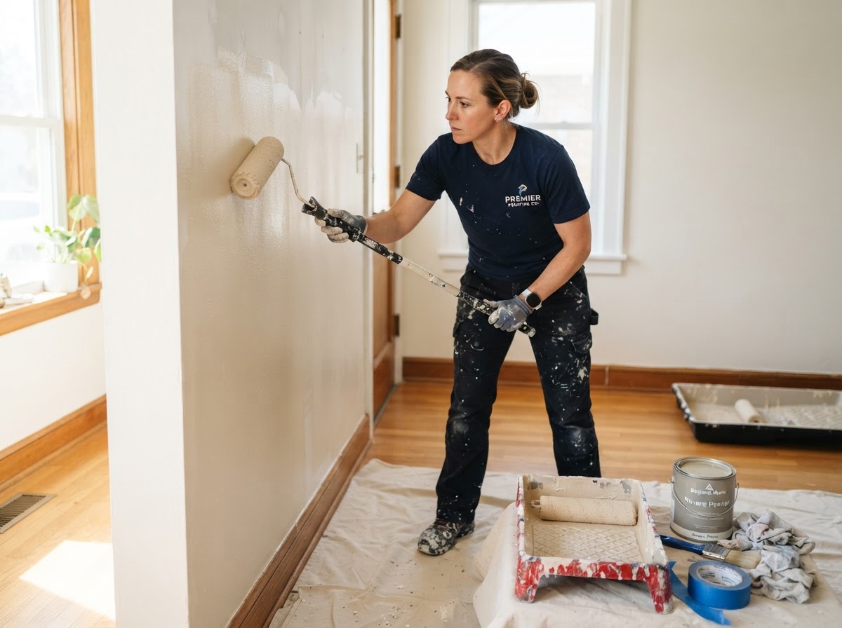 Painter rolling paint onto a residential interior wall