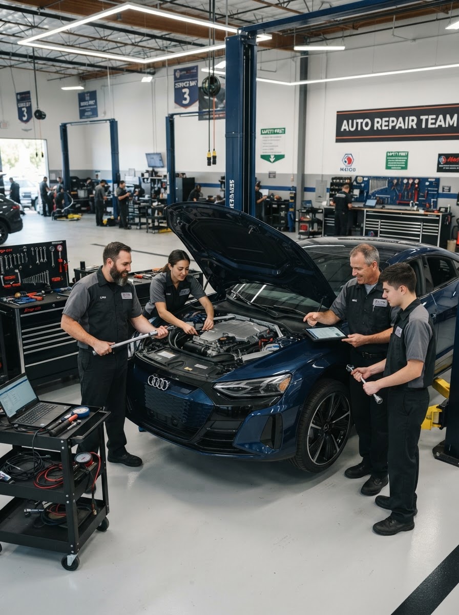 Auto repair team working in a modern service center