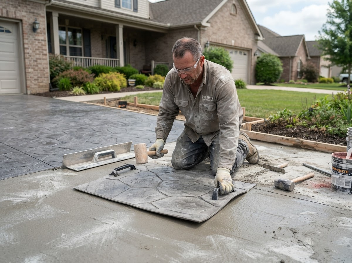 Concrete contractor applying stamped concrete texture to a residential driveway