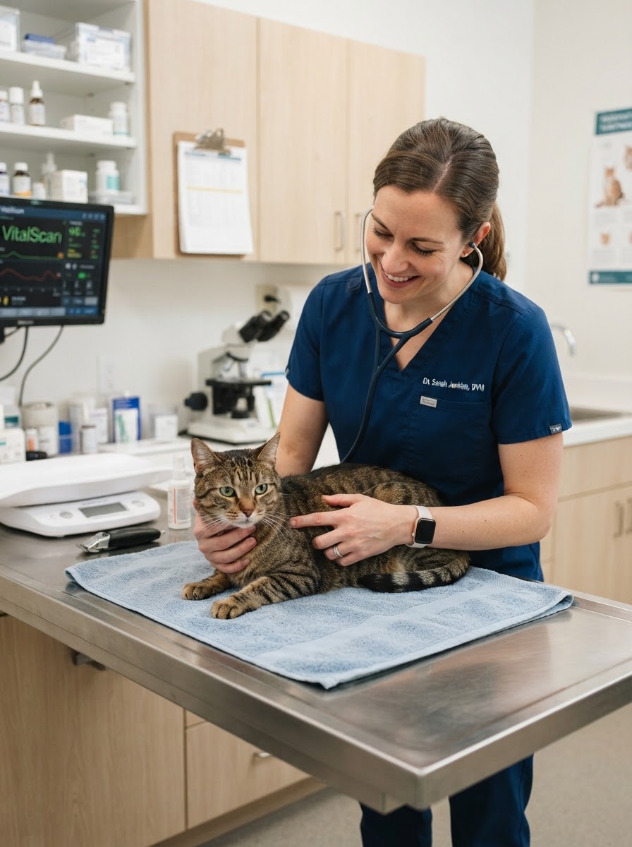 Veterinarian examining a cat in a clean modern clinic