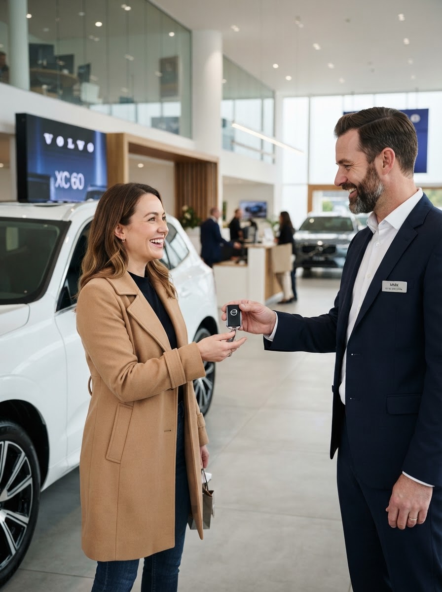 Car salesman showing keys to a customer in a dealership