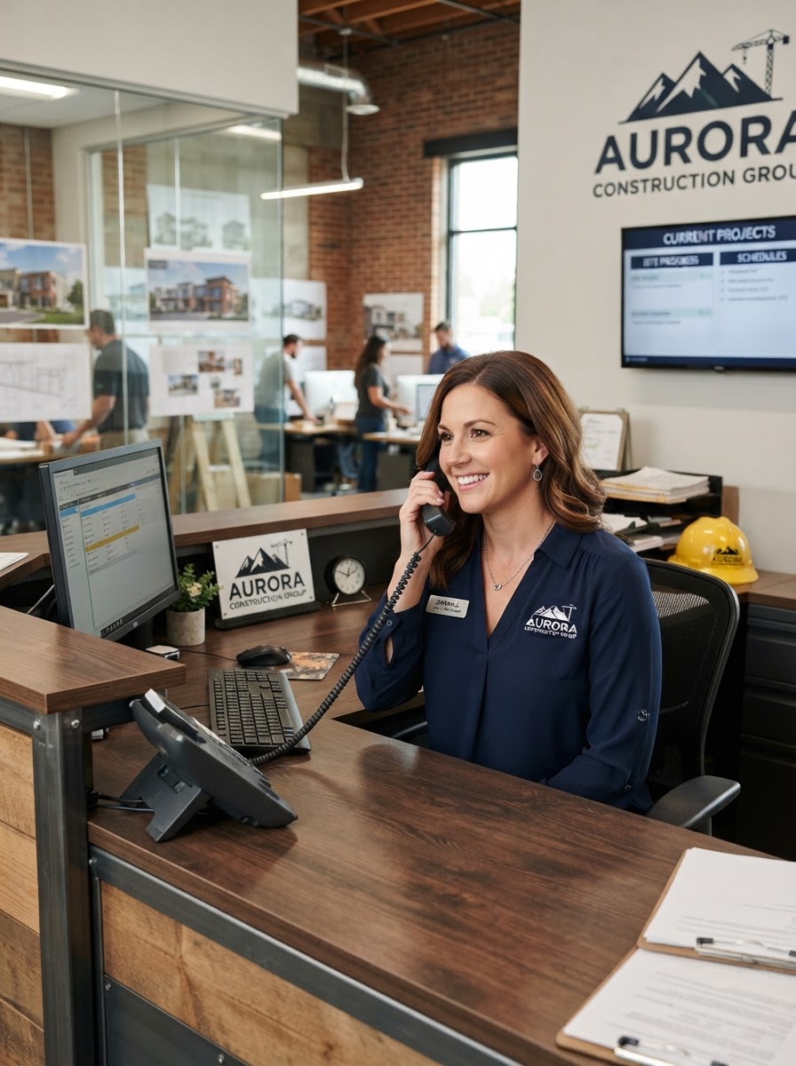 Construction office manager answering phone at a front desk