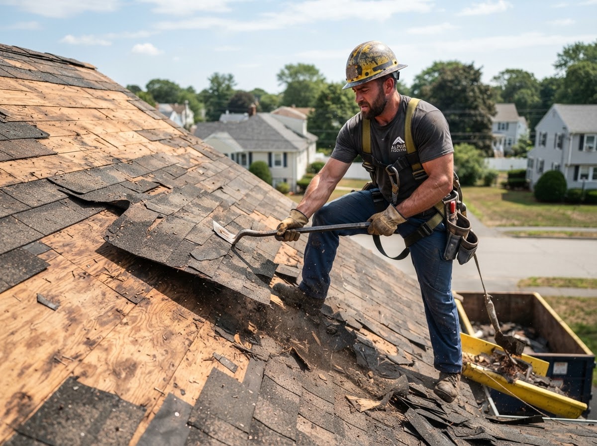 Roofer tearing off old shingles with a pry bar