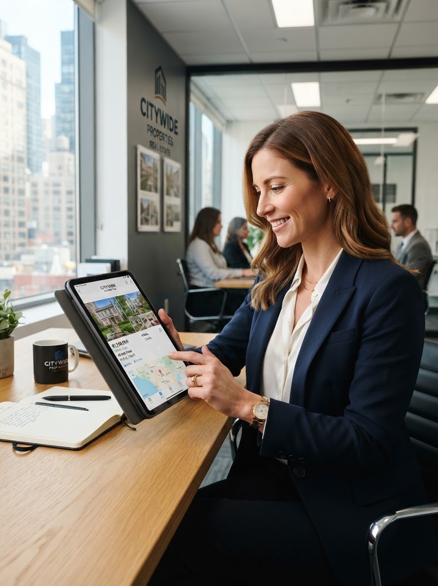 Real estate agent reviewing property listings on a tablet