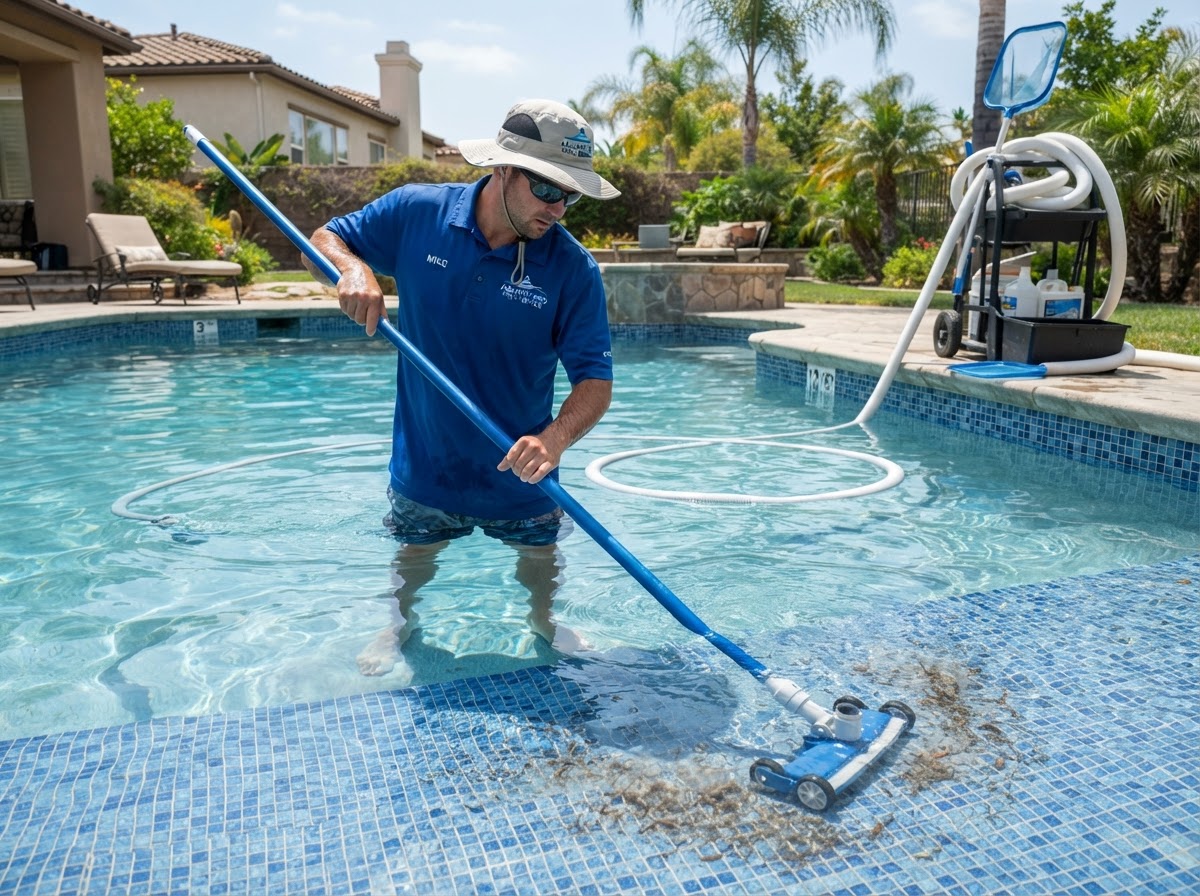 Pool service technician vacuuming debris from a residential pool