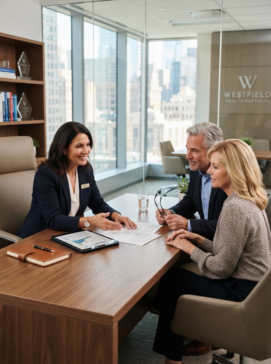 Financial advisor meeting with clients across a desk