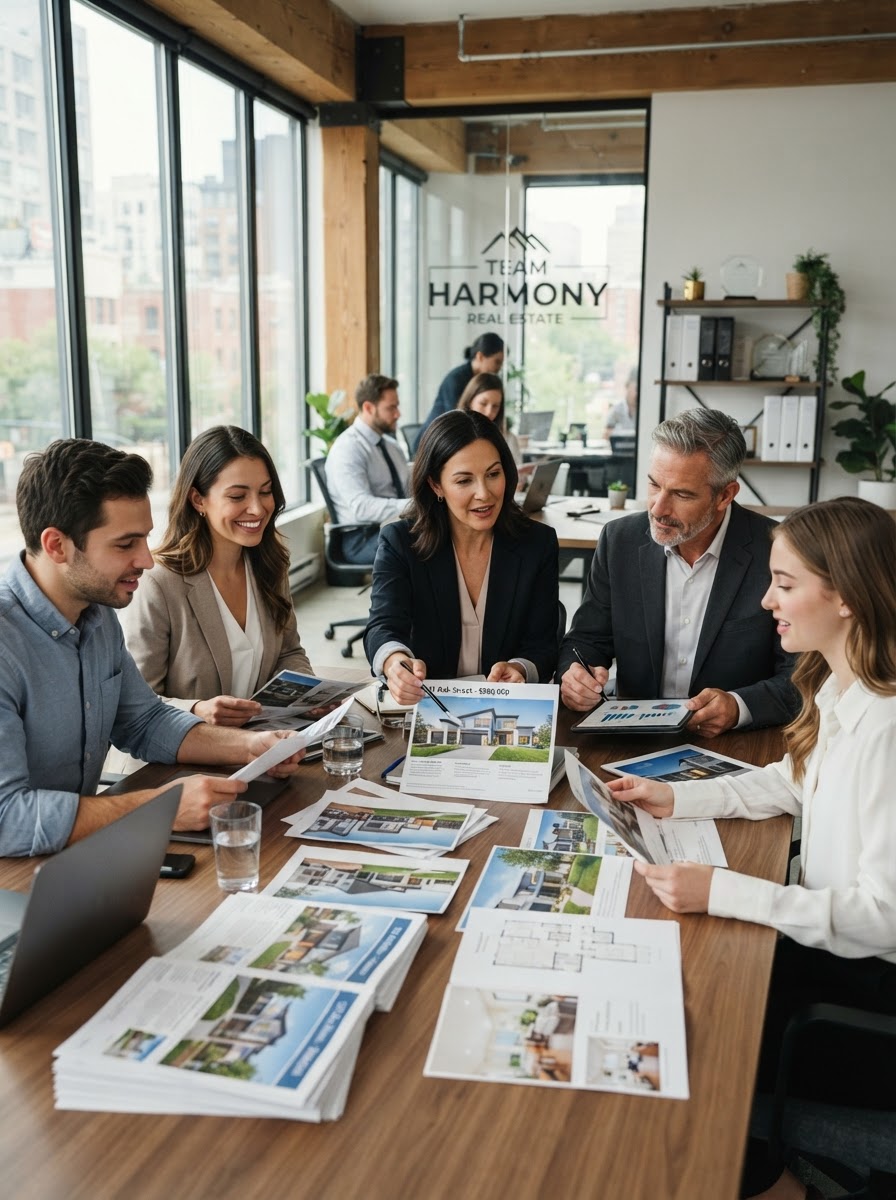 Real estate team meeting around a table with property photos