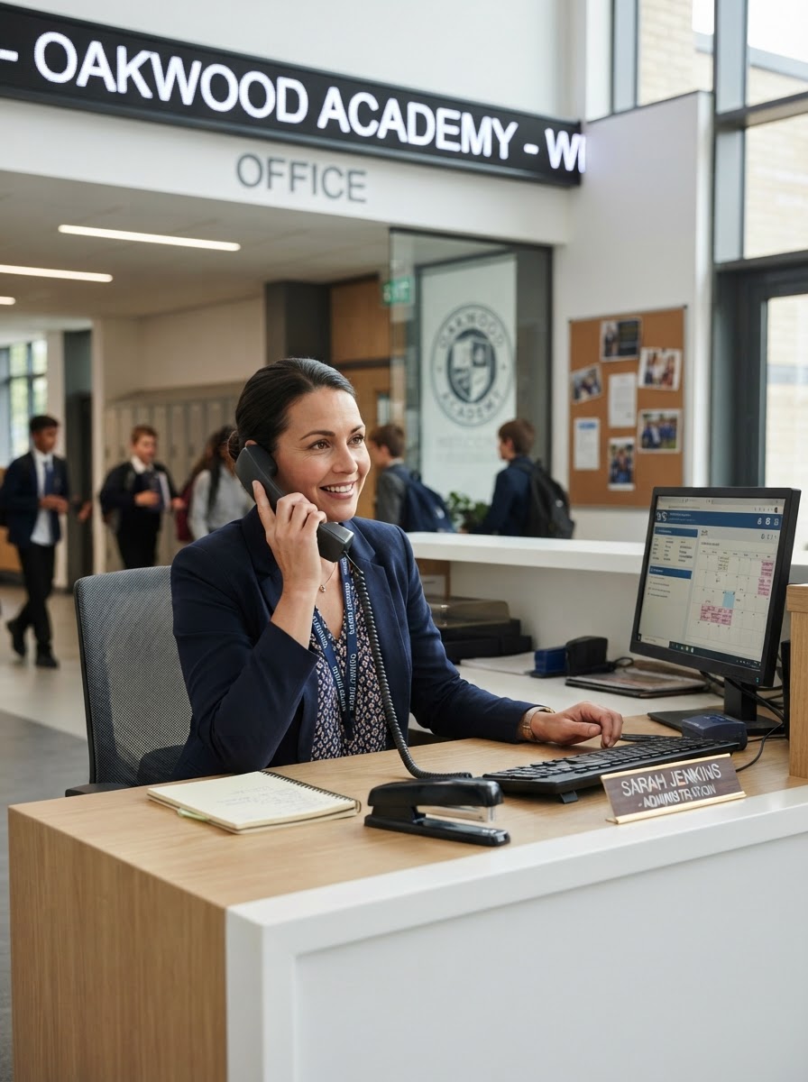Education administrator answering phone at a school desk