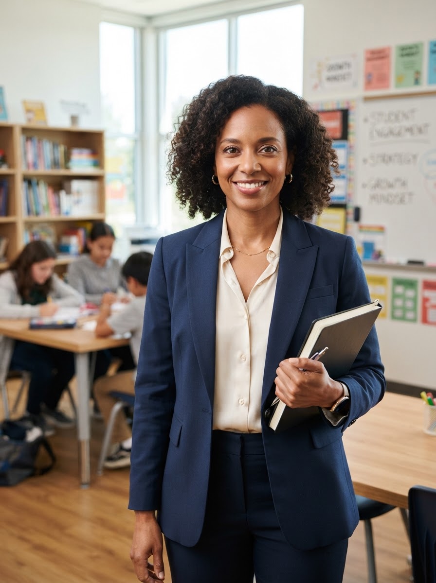 Confident female education coach in a modern learning space