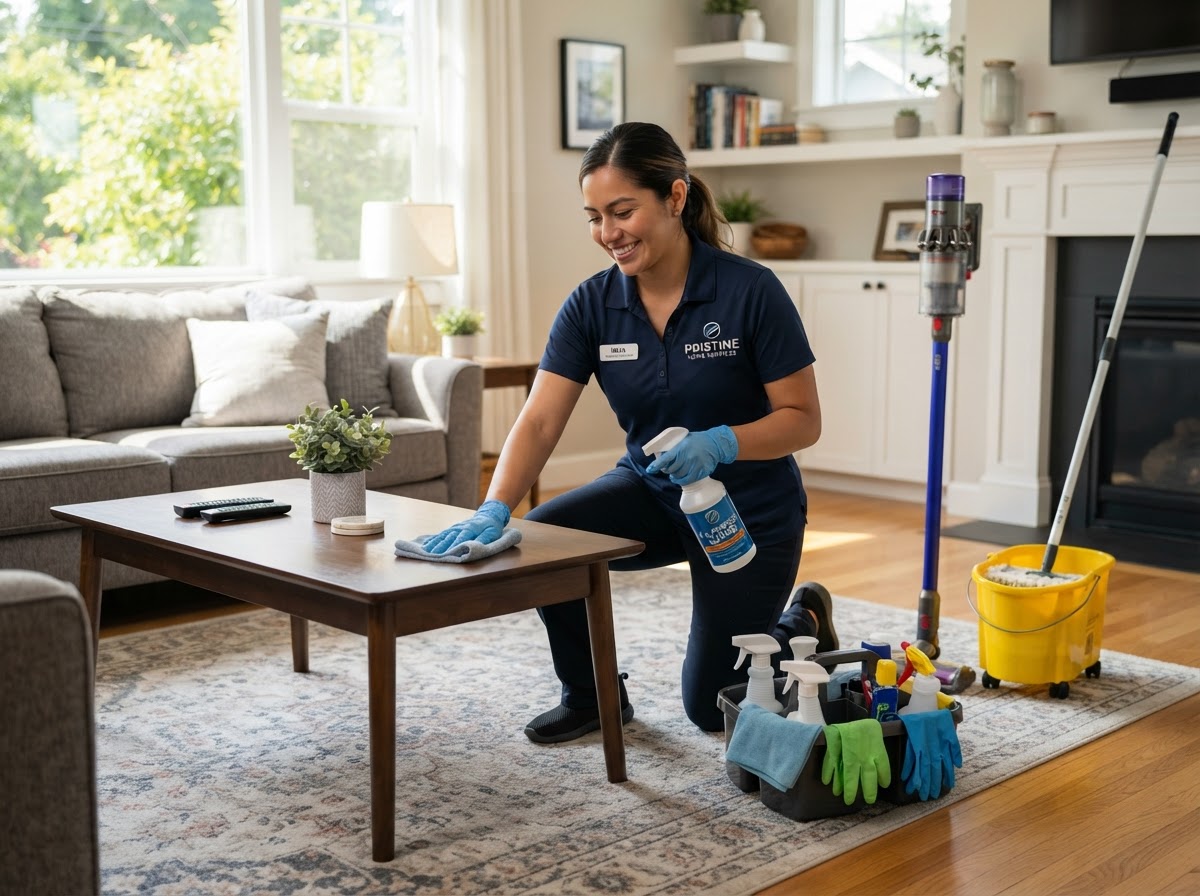 Cleaning service worker cleaning a residential living room with supplies