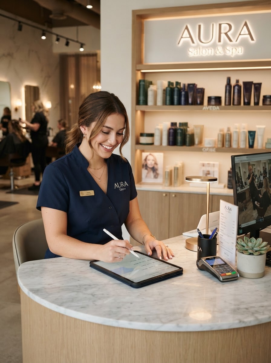 Beauty salon receptionist booking appointments on a tablet