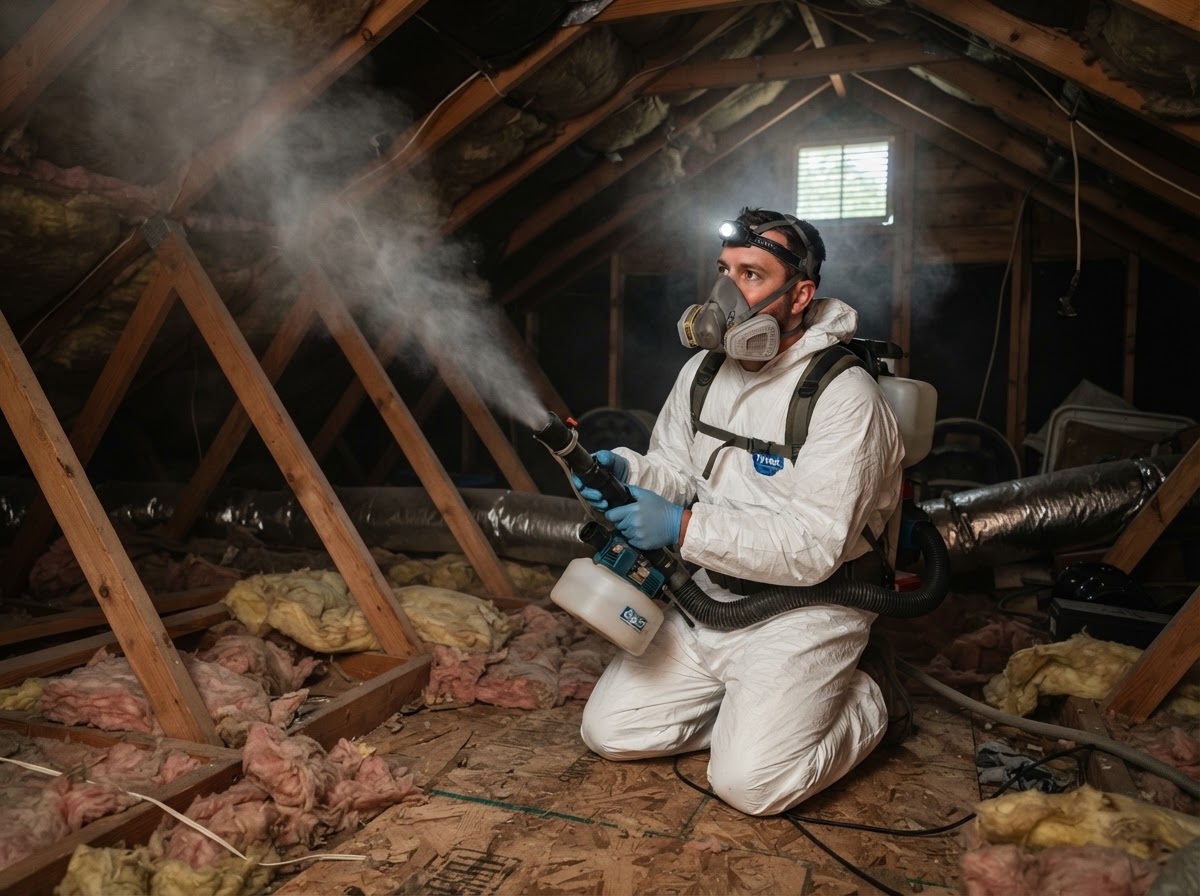 Pest control technician fumigating a residential attic space