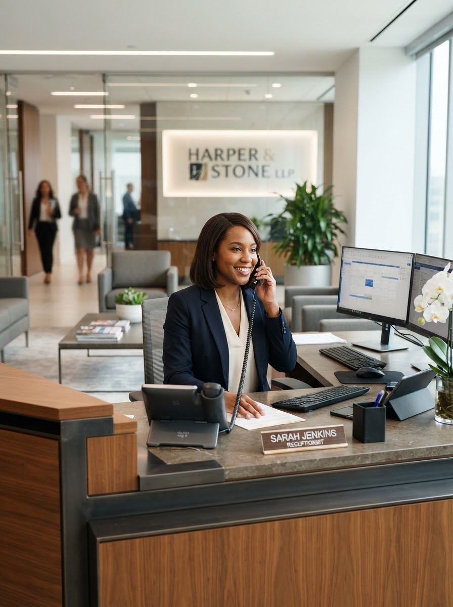 Law firm receptionist answering calls at a modern front desk