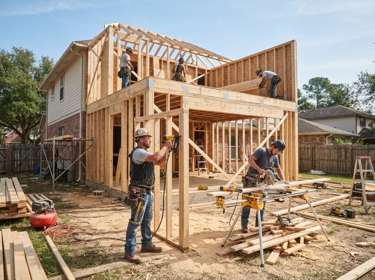 Remodeling crew framing a residential home addition