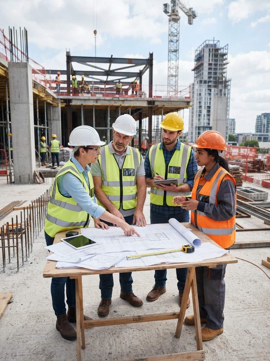Construction team in hard hats collaborating at a site