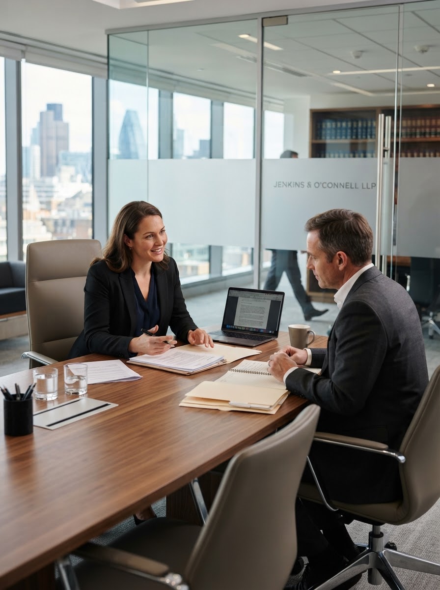 Attorney consulting with a client across a conference table