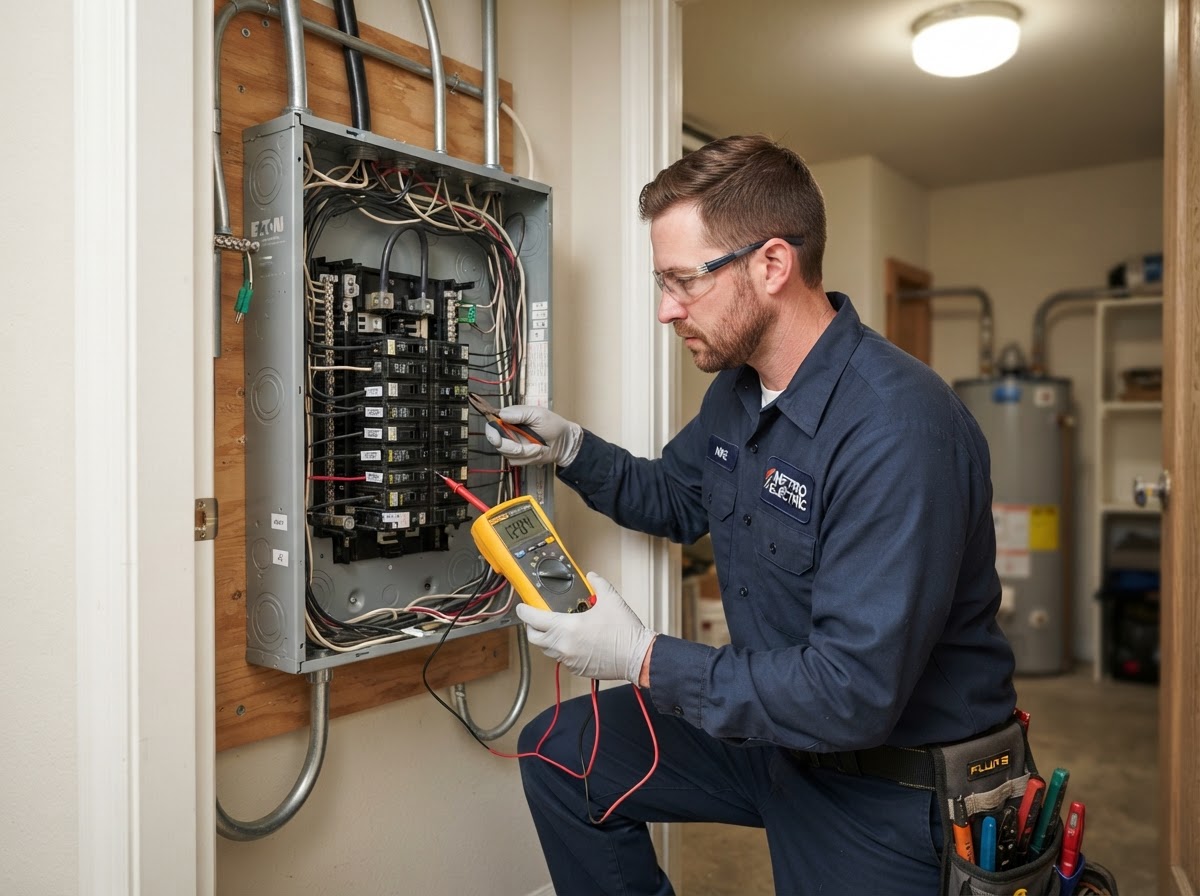 Electrician inspecting a residential electrical breaker panel