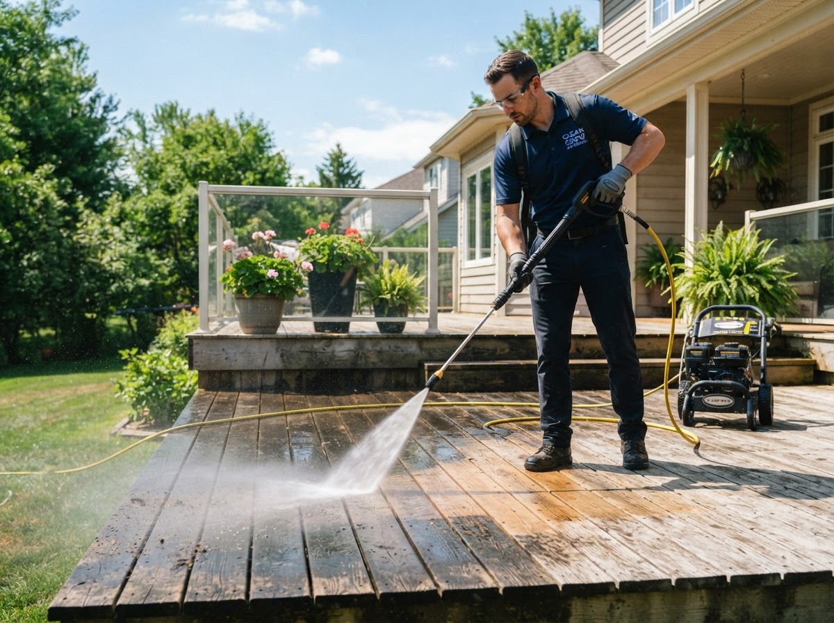 Pressure washing technician cleaning a residential wood deck with a pressure washer