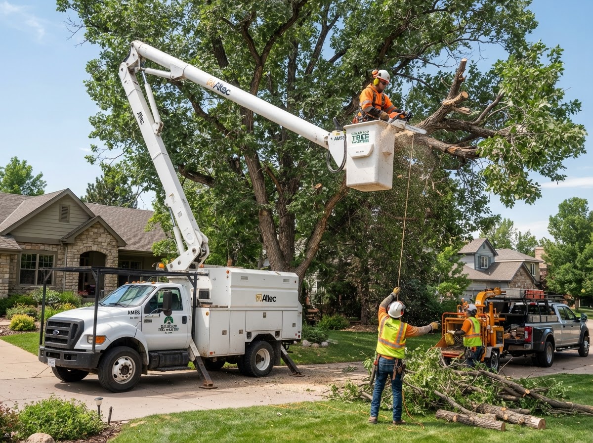 Tree service crew trimming a large tree with a chainsaw and bucket truck