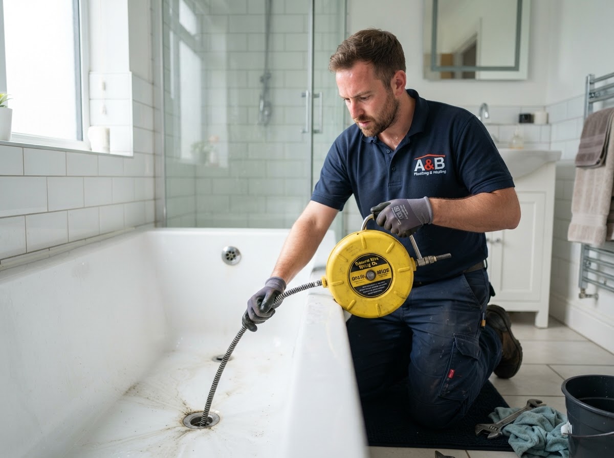 Plumber using a drain snake auger to clear a clogged drain