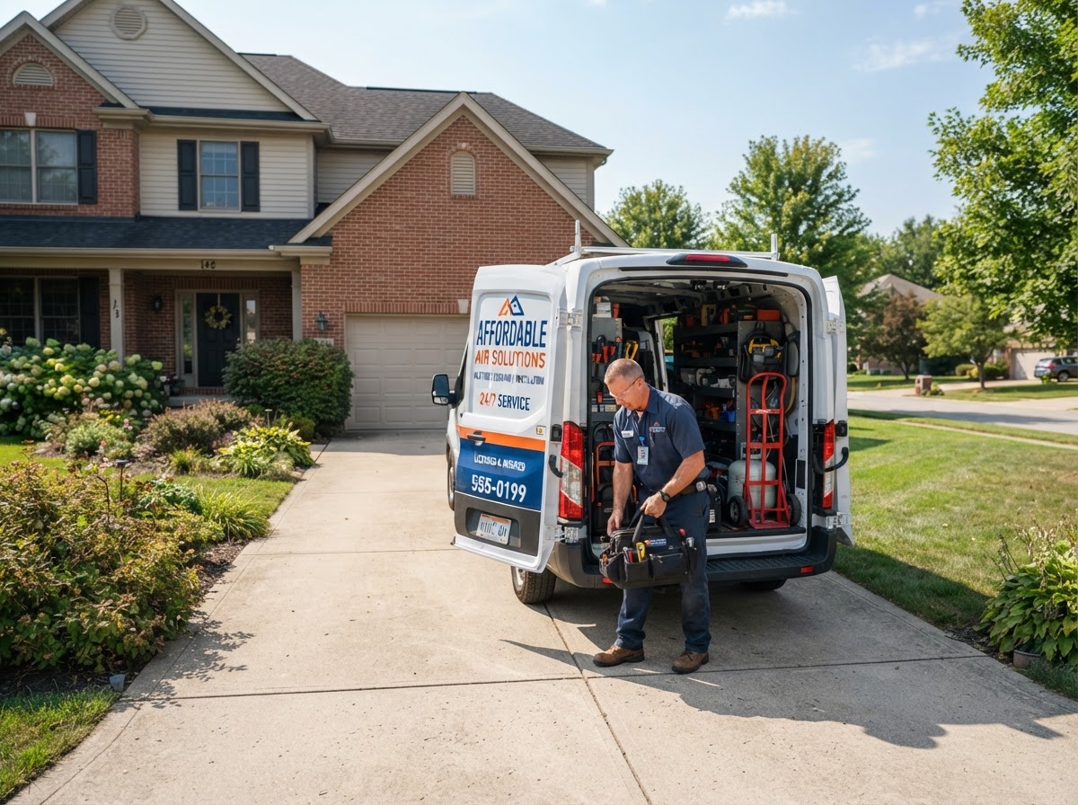 HVAC service van parked in a residential driveway