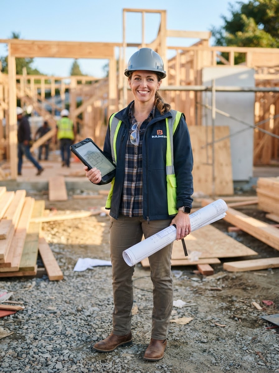 General contractor with tablet and blueprints