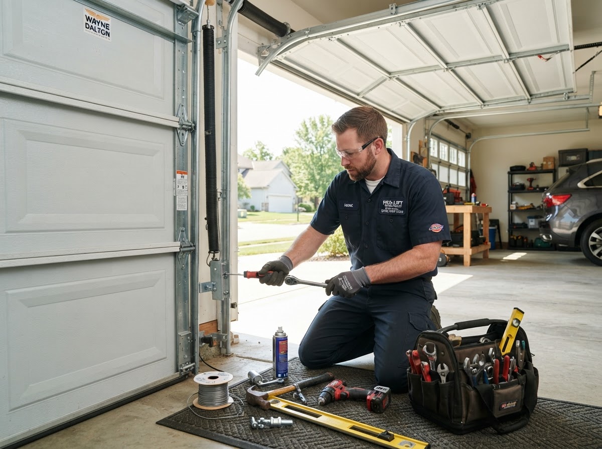 Garage door technician installing and repairing a residential garage door