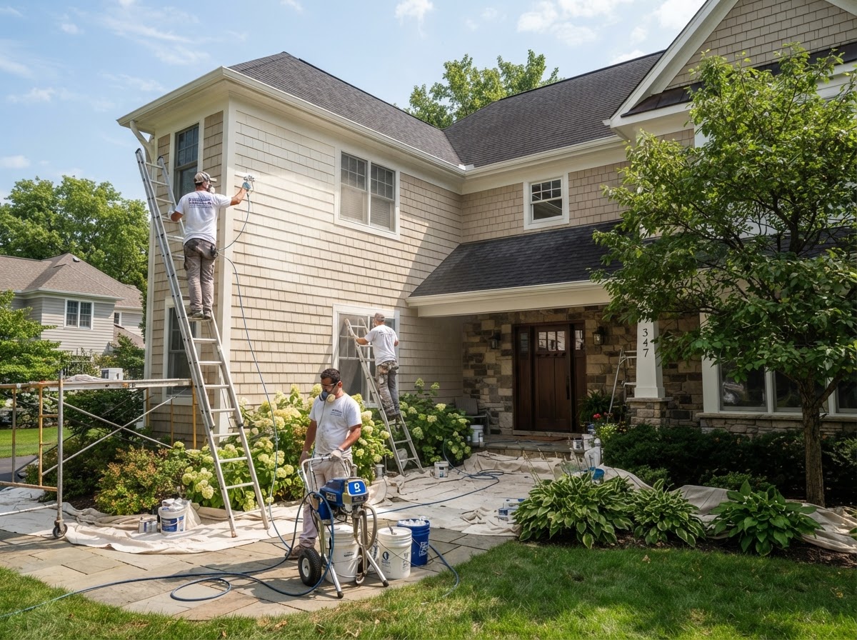 Painting crew spraying exterior paint on a residential home