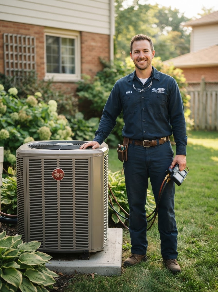 HVAC technician servicing an outdoor AC unit