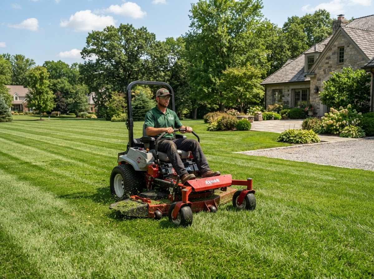 Landscaper mowing a large residential lawn with a riding mower