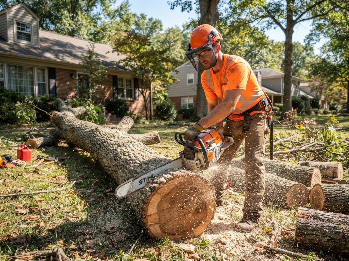 Tree service worker cutting a fallen tree trunk into logs with a chainsaw