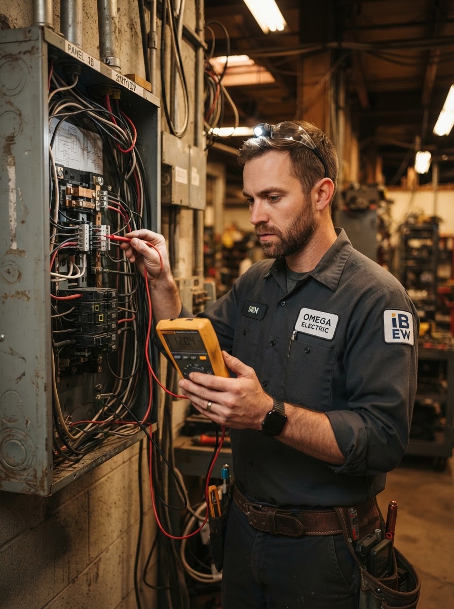 Electrician inspecting an electrical panel