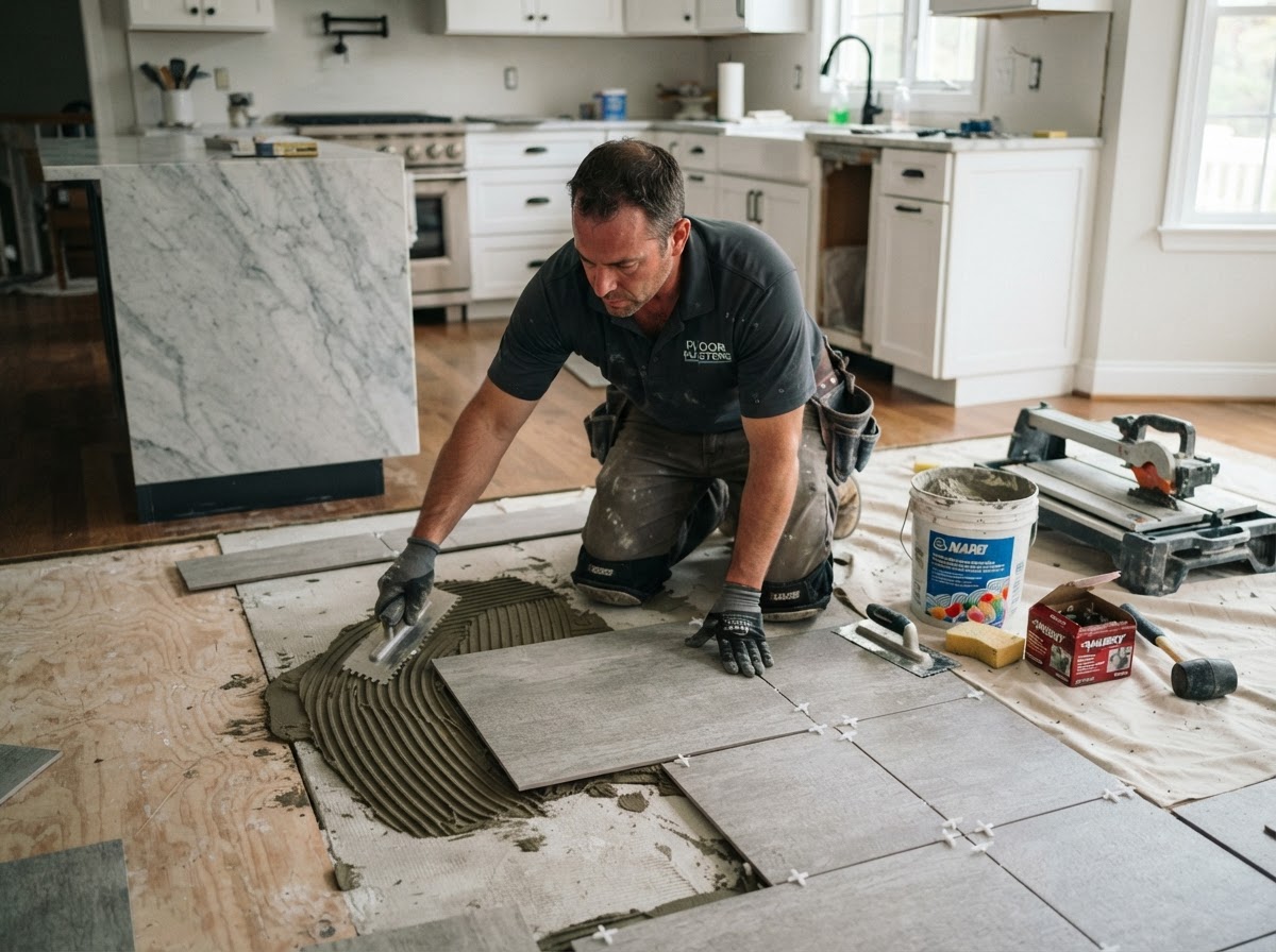 Flooring contractor applying adhesive and laying tile in a residential kitchen