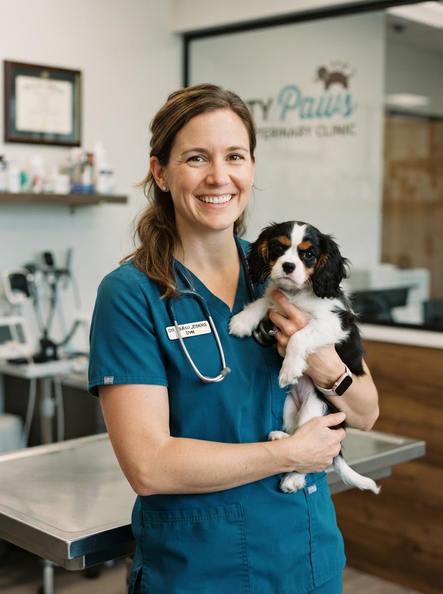 Friendly female veterinarian holding a small dog