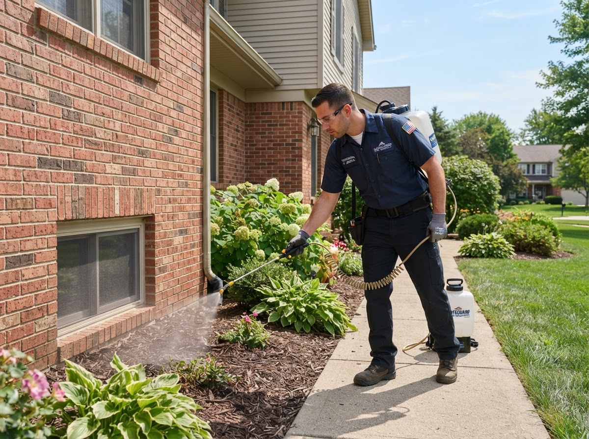 Pest control technician spraying treatment around a residential home