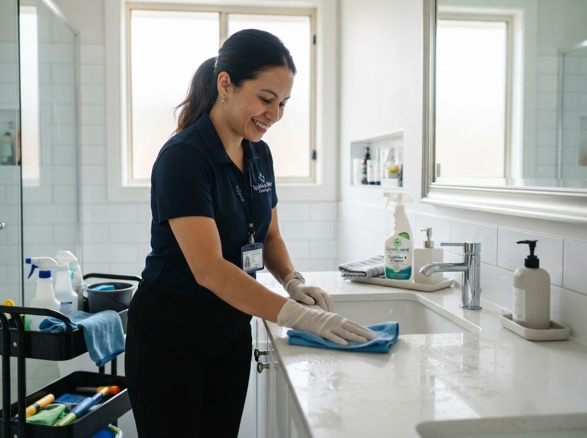 Cleaning service worker wiping and sanitizing bathroom surfaces in a home