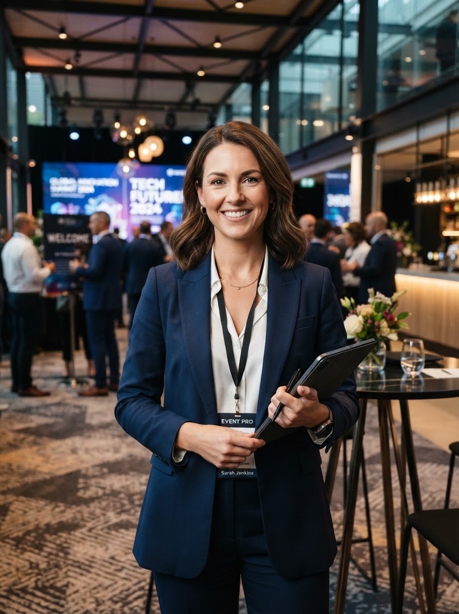 Confident female event planner in a modern event venue