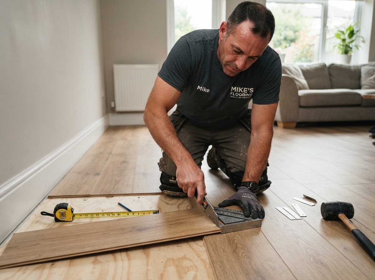 Flooring contractor measuring and cutting a vinyl plank floor