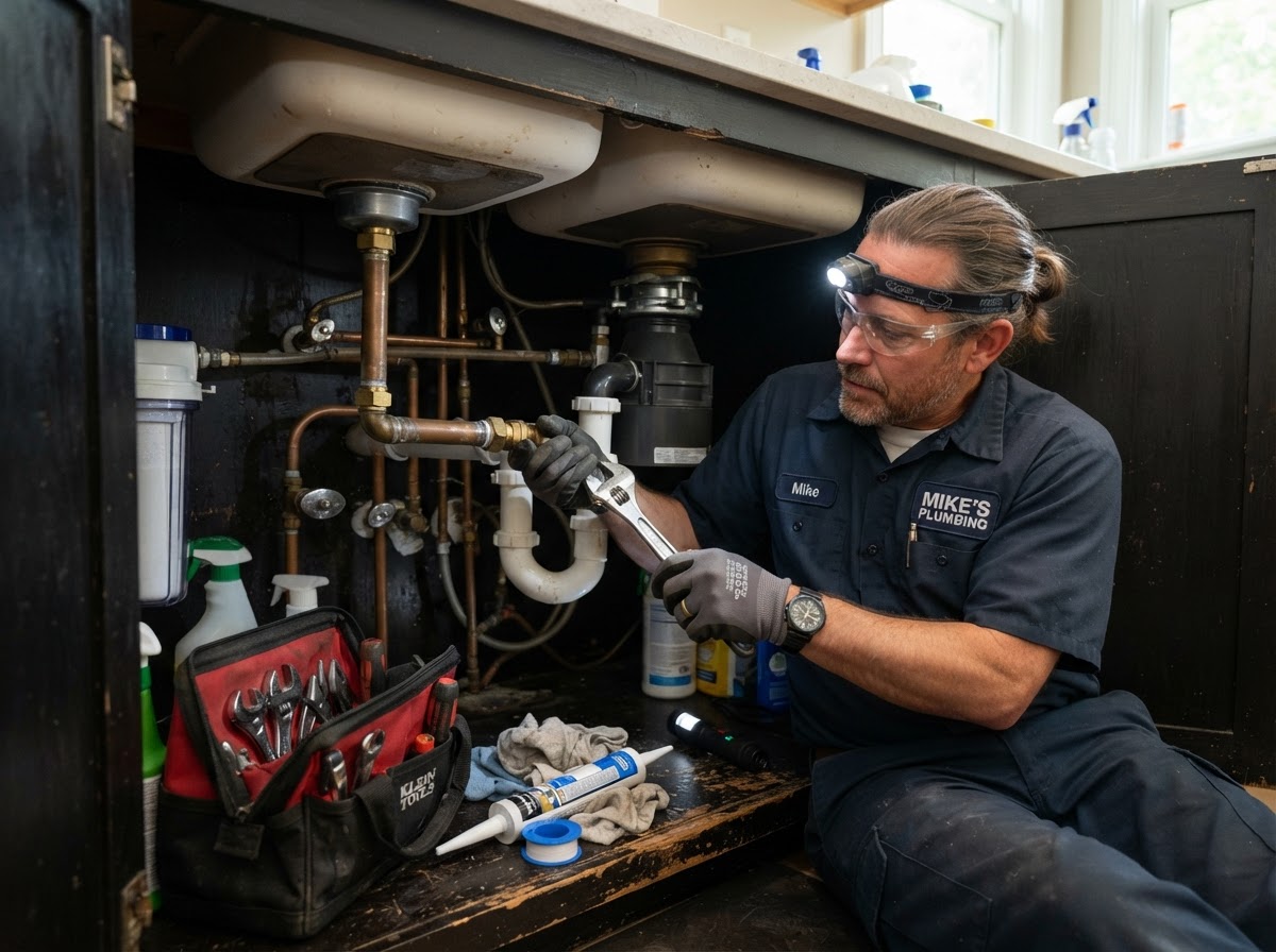 Plumber working on pipes under a kitchen sink