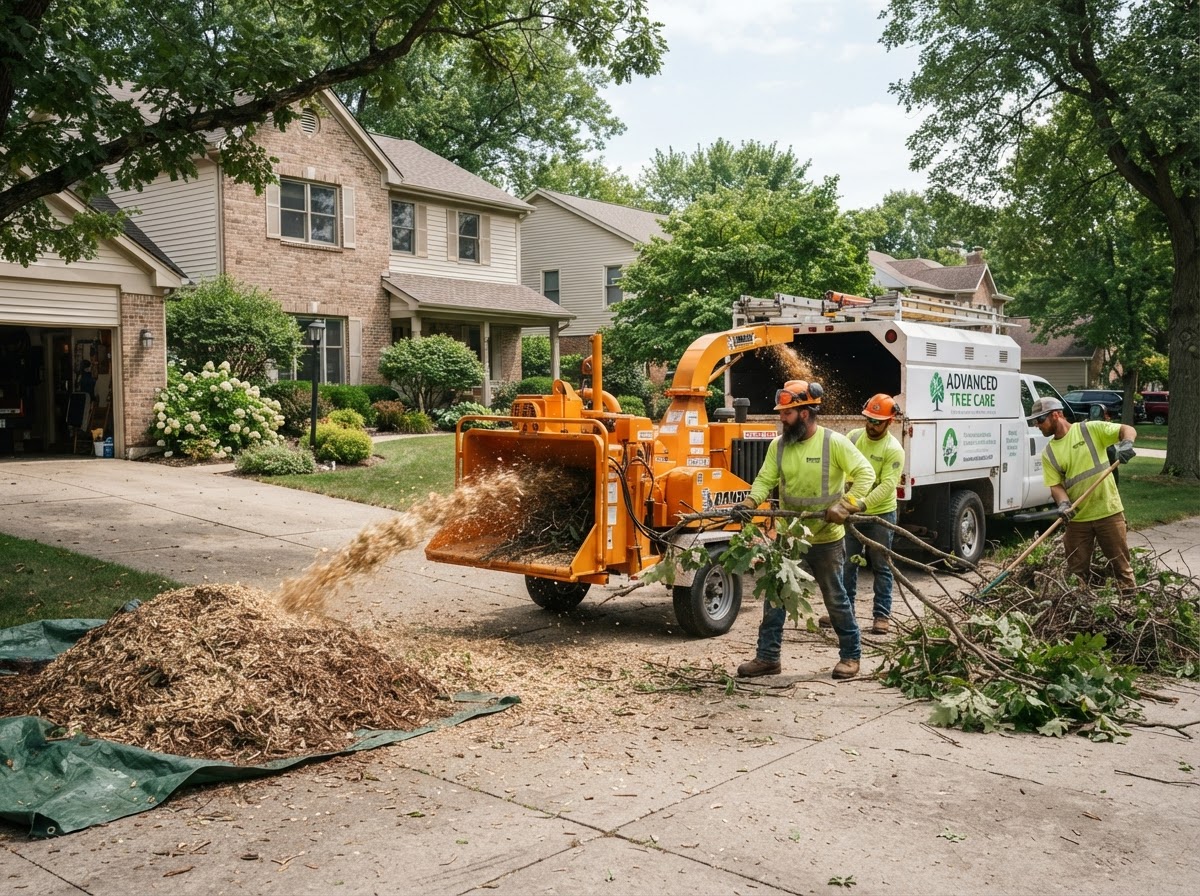 Tree service crew using a chipper machine to grind branches into mulch