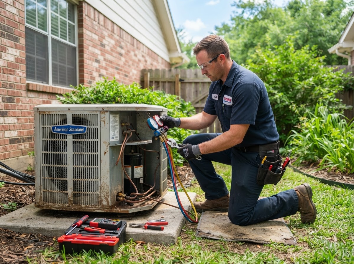 HVAC technician servicing an outdoor AC condenser unit