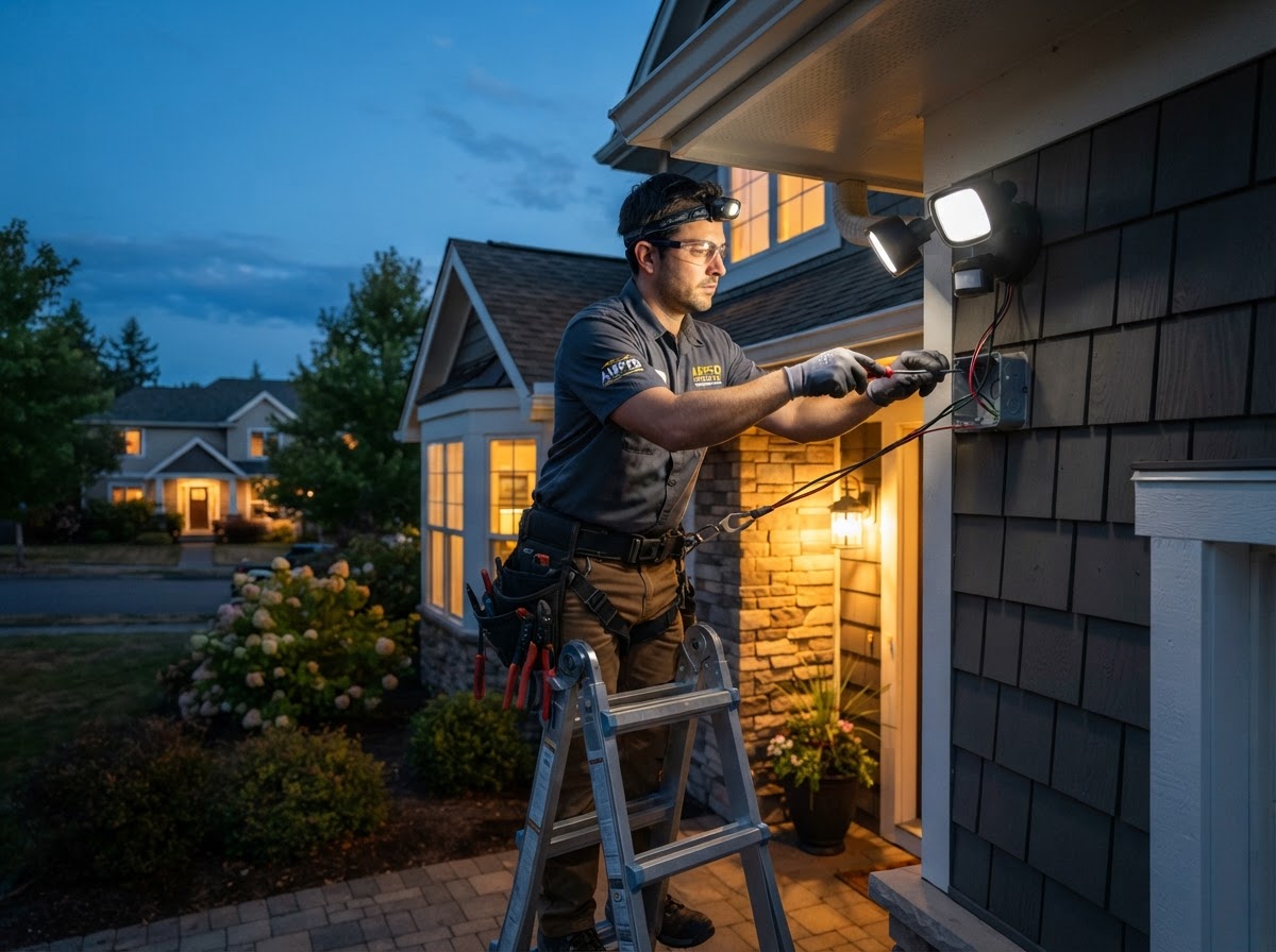Electrician installing outdoor security lighting on a home