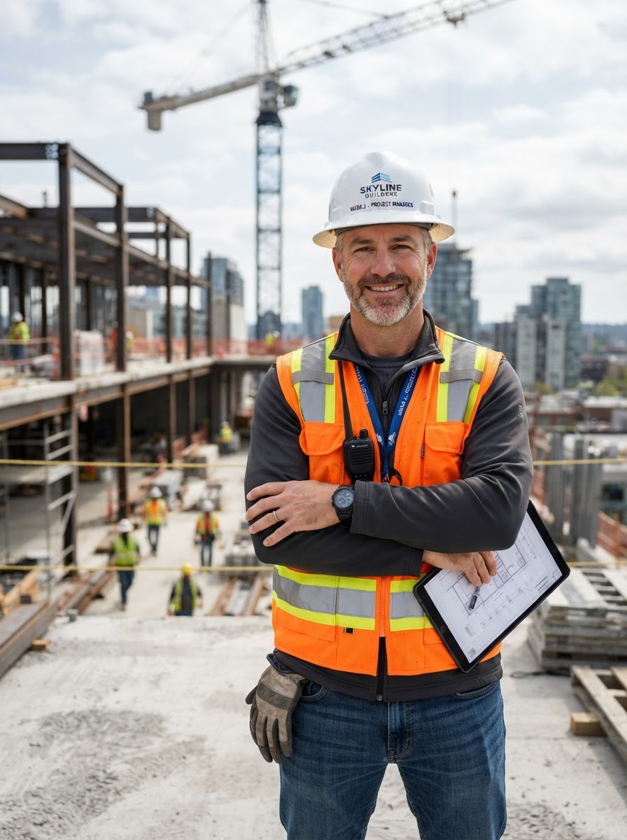 Confident male construction project manager at a site