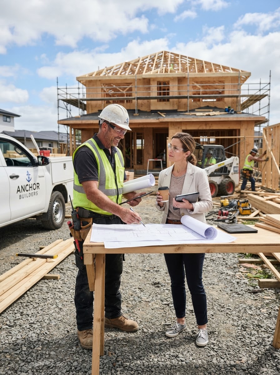 Construction foreman consulting with a client at a site