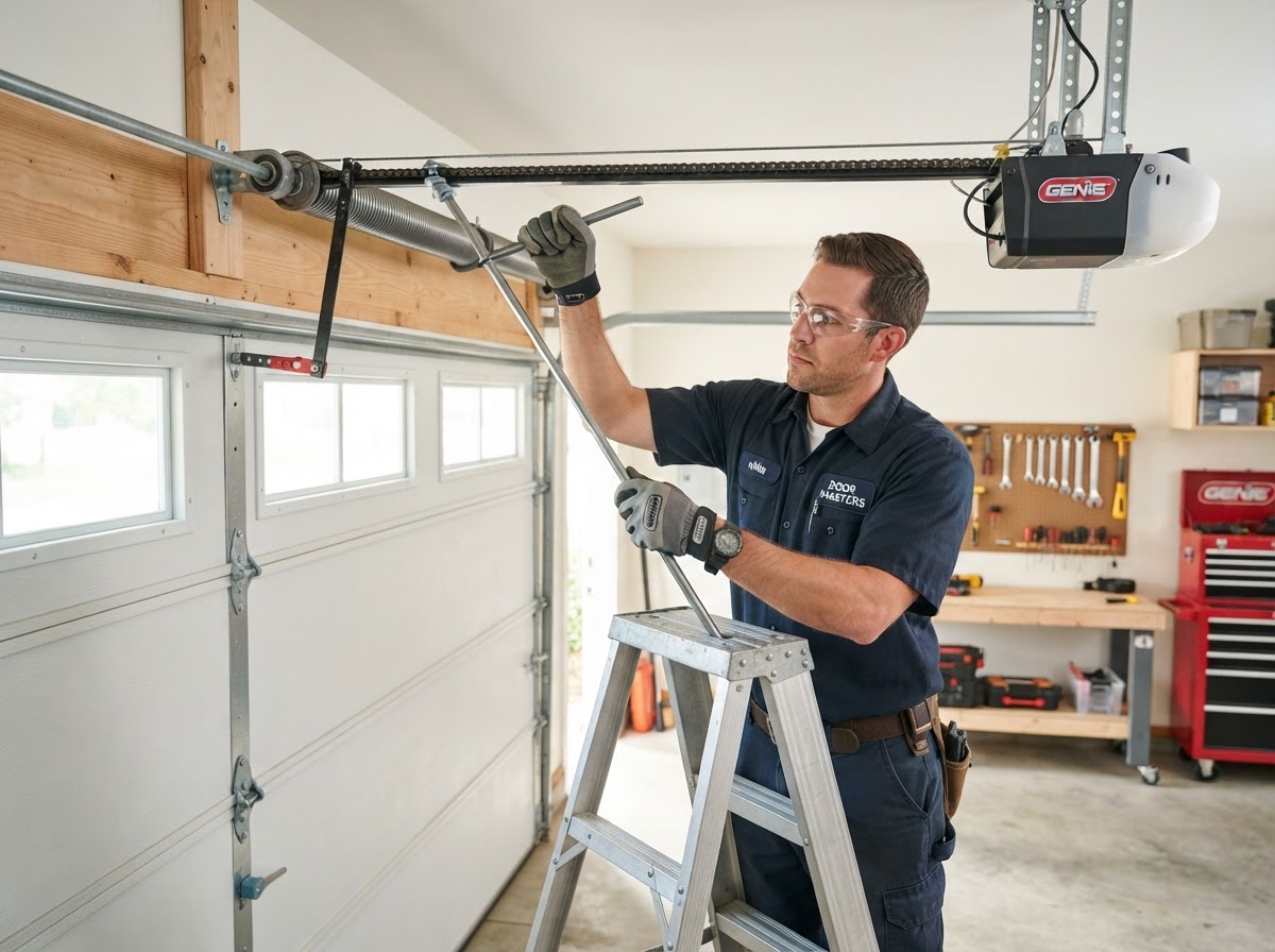 Garage door technician installing torsion springs on a garage door opener