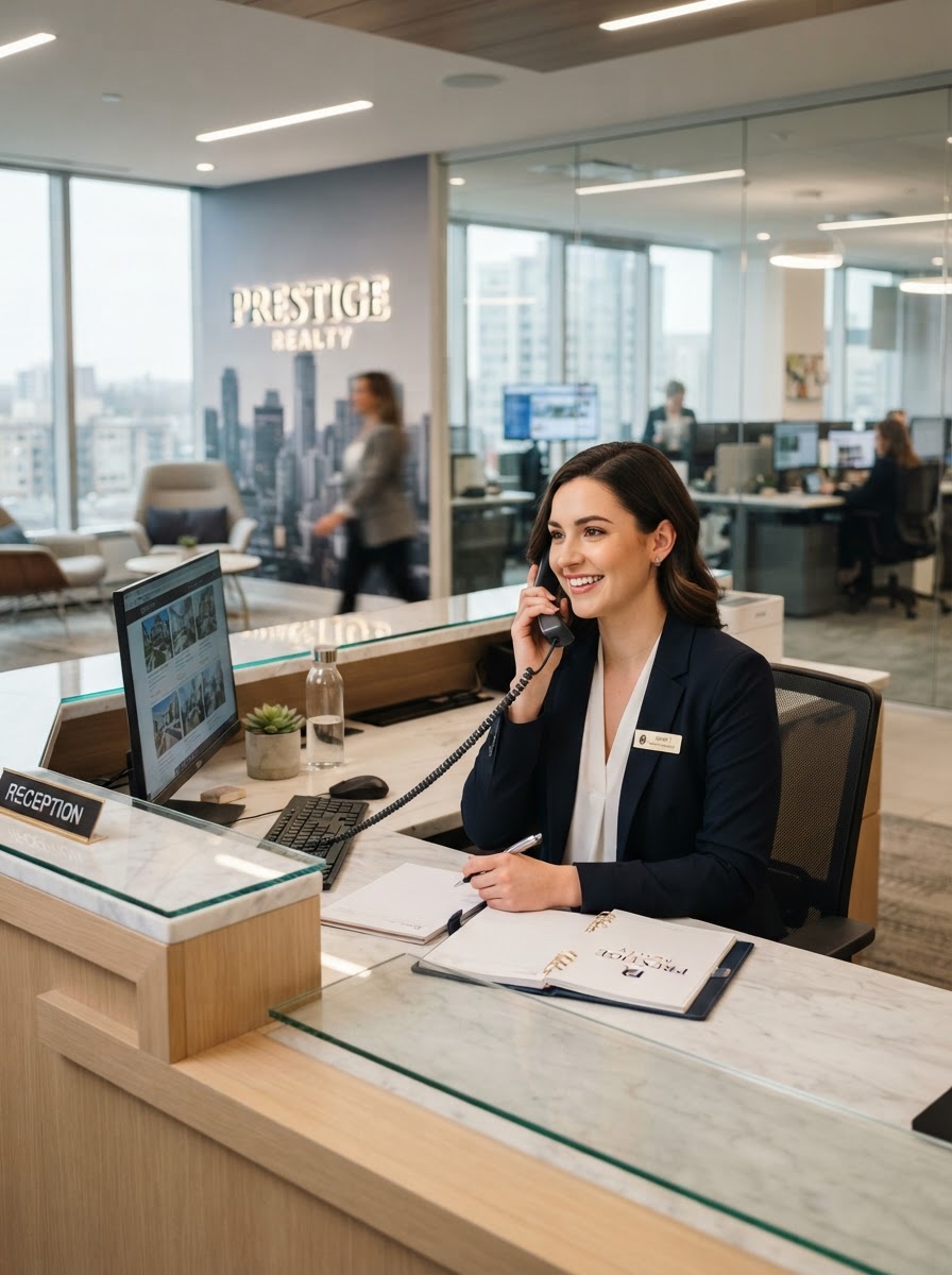 Real estate office receptionist answering phone