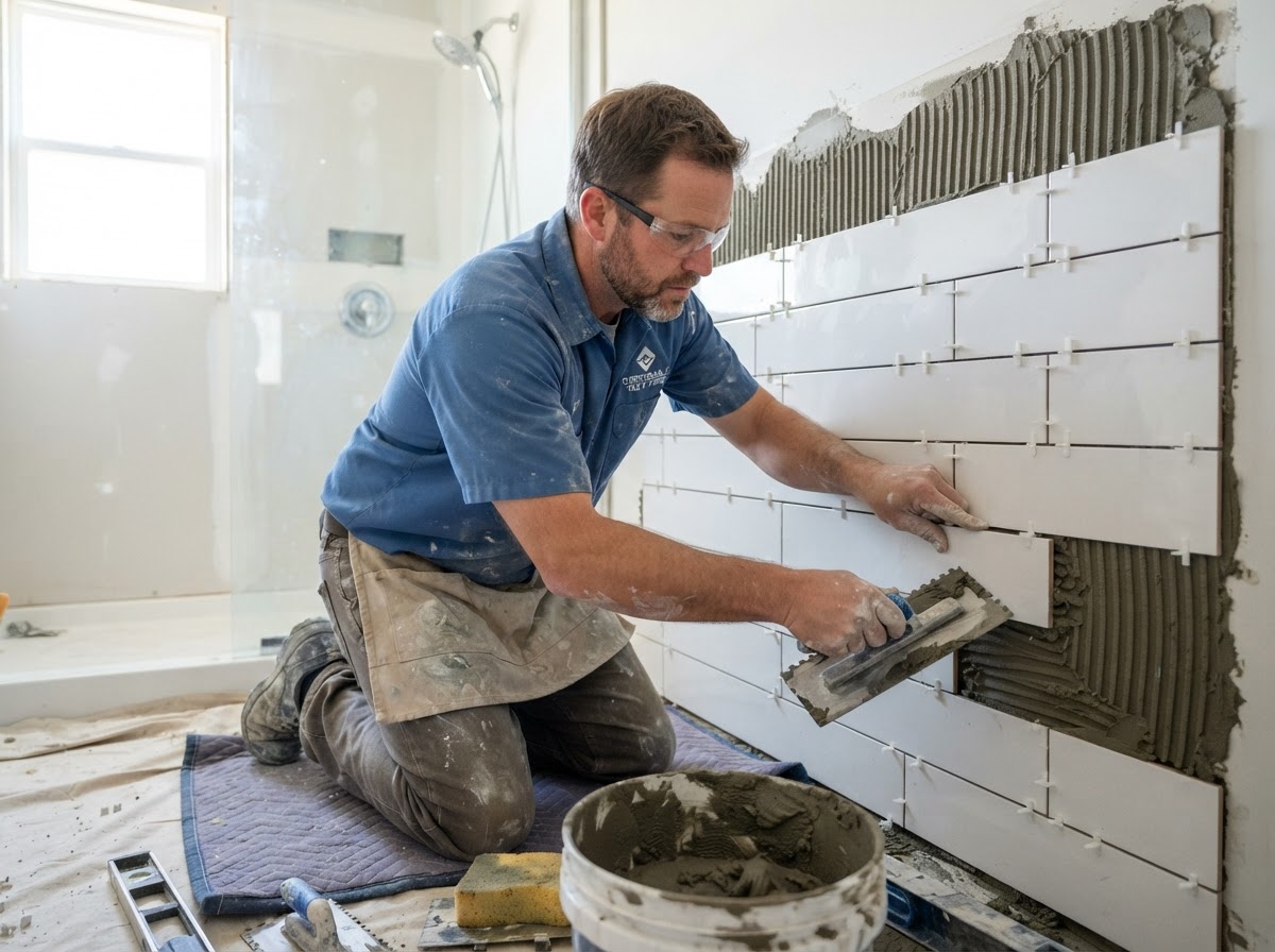 Remodeling contractor tiling a residential bathroom wall