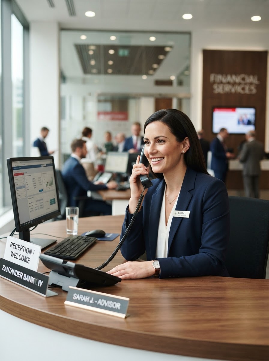 Banking professional answering phone at a financial front desk