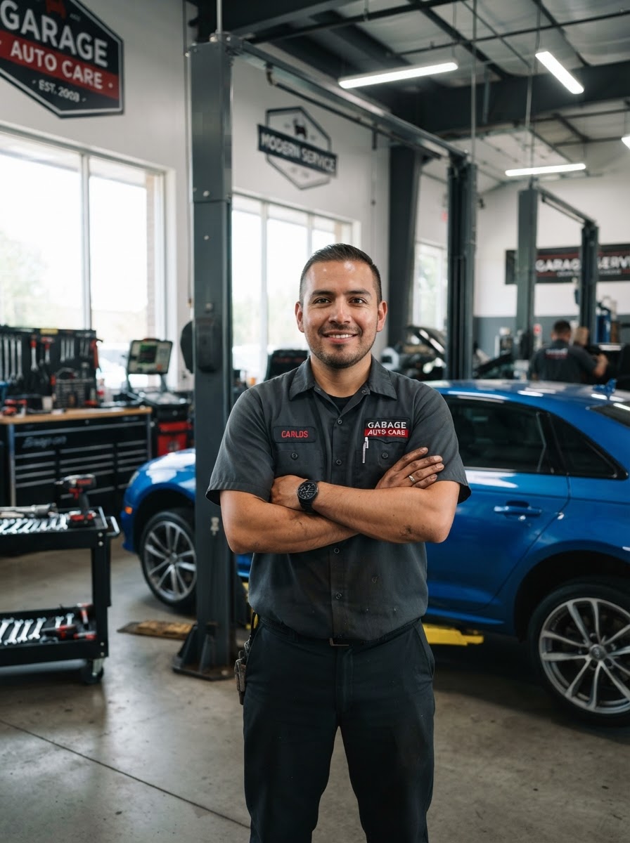 Confident male auto mechanic in a modern repair shop